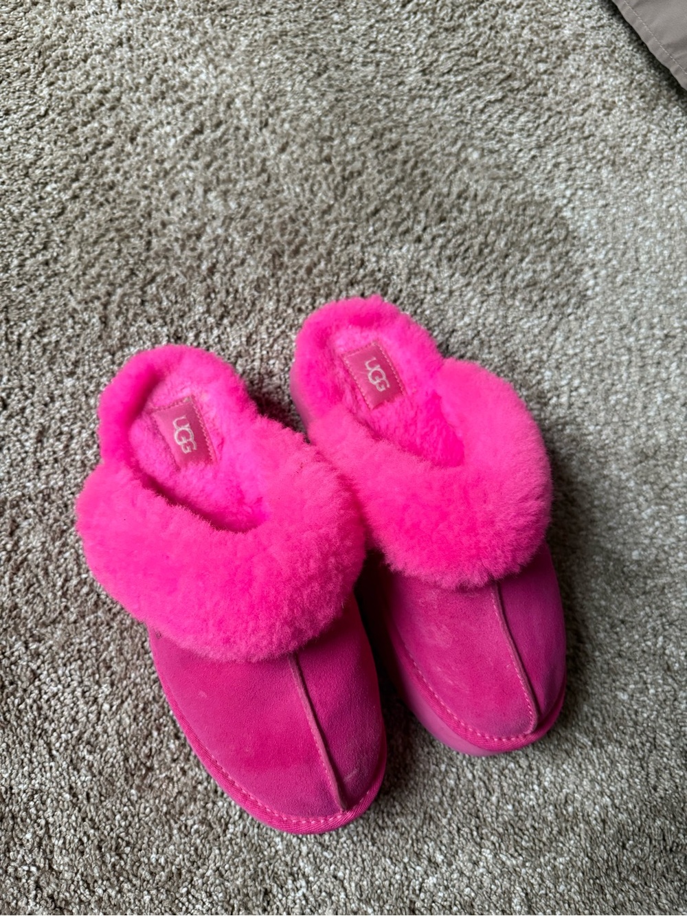 UGG Women's Hot Pink Suede Shearling Cuff Slippers - Picture 2 of 3